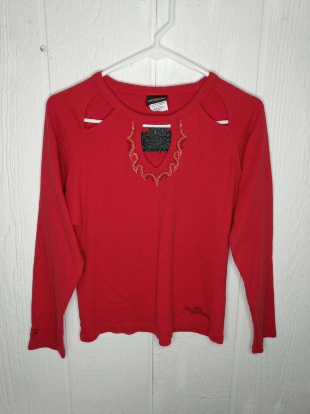 Harley Davidson Vintage Womens Red Solid Shirt Top Cut Outs Sz M Lincoln NE